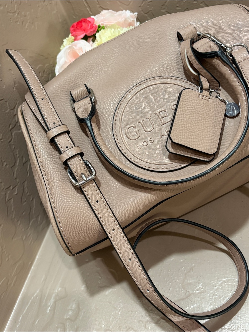 GUESS Crossbody Satchel with Embossed Logo ~ Mauve/Taupe - Picture 8 of 10